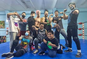 Hants County native and professional wrestler Cody Brown, a.k.a. Lil’ Blay, back row, centre, (sporting pink hair), has been training and wrestling in Mexico. CONTRIBUTED