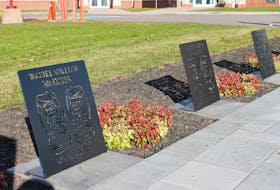 The newly installed boot cutouts honouring 10 fallen soldiers from Stratford now line a walkway leading up to the community cenotaph. 