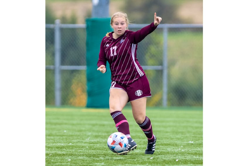 Holland Hurricanes centre-back Louisa McMurrer, 17, passes the ball during an Atlantic Collegiate Athletic Association women’s soccer game at the Terry Fox Sports Complex earlier this season. The Hurricanes open play at the 2021 Canadian Collegiate Athletic Association (CCAA) women’s soccer championship in Toronto on Nov. 10. Darrell Theriault Photo/Holland College Athletics