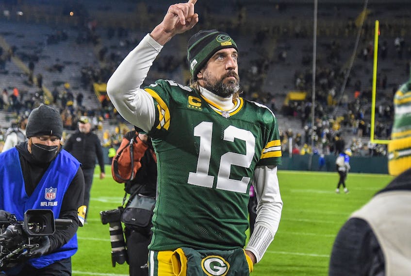 Green Bay Packers quarterback Aaron Rodgers reacts after the Packers defeated Los Angeles Rams.