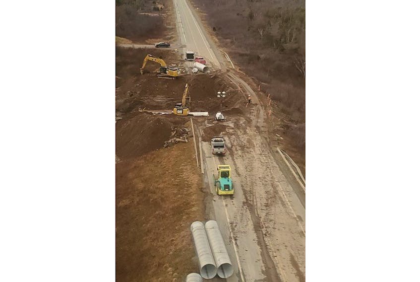 The washed-out portion of the Trans-Canada Highway close to the weigh scales near Port aux Basques — pictured here on Monday, Nov. 29 — will be open to one lane of traffic beginning Wednesday, Dec. 1.
