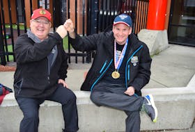 Donnie Vaters, left, coach of the Special Olympics Nova Scotia floor hockey team, on an outing with Dereck Boutilier of Cornerstone Community Centre in Sydney and an athlete on the floor hockey team. Vaters, of Dominion, said Boutilier’s story of losing 150 pounds so he could reach his goal of being on the floor hockey team was so inspirational, by invitation they participated in the virtual Special Olympics International event on Ending Health Disparities for People with Intellectual Disabilities on Tuesday. Sharon Montgomery-Dupe/Cape Breton Post