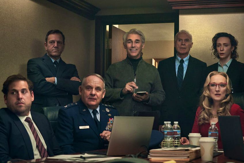  Remember, no fighting in the war room: Mark Rylance (centre) in Don’t Look Up.