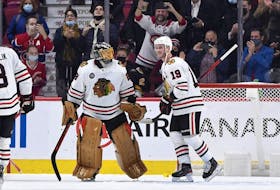 Bell Centre fans cheer for Blackhawks goalie and Sorel native Marc-André Fleury as he and teammate Jonathan Toews celebrate his 500th career win.