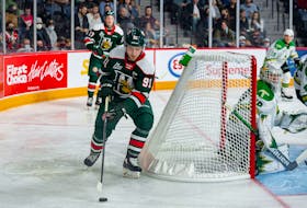 Halifax Mooseheads captain Elliot Desnoyers handles the puck during a road game against the Val-d'Or Foreurs.