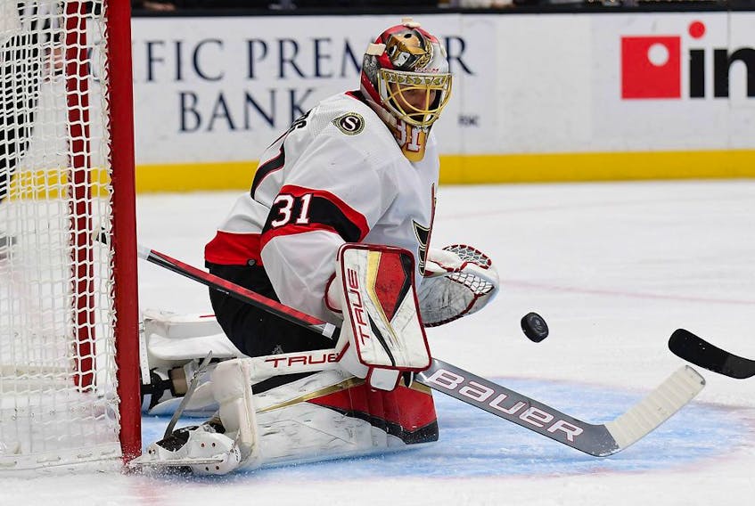  Ottawa Senators goaltender Anton Forsberg (31) blocks a shot against the Anaheim Ducks during the first period at Honda Center.