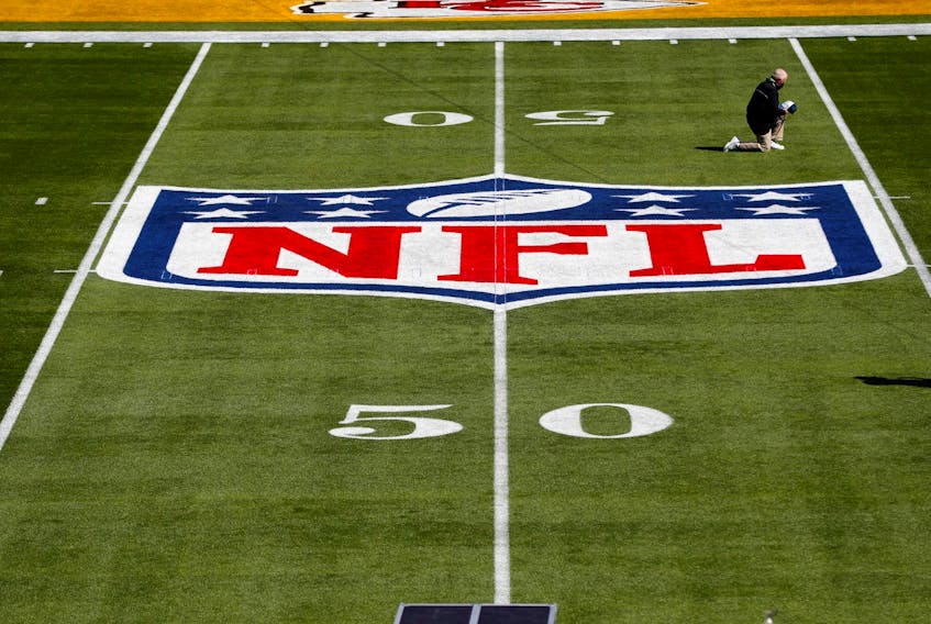 A general view of the NFL Shield logo on the field before Super Bowl LV between the Tampa Bay Buccaneers and the Kansas City Chiefs at Raymond James Stadium in Tampa, Fla., Feb. 7, 2020. 