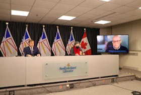 (From left) Premier Andrew Furey, Chief Medical Officer of Health Dr. Janice Fitzgerald, and Health Minister Dr. John Haggie take part in Wednesday's COVID-19 briefing.
