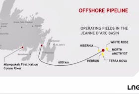 The pipeline for the proposed LNG project would run 600 kms from the Jeanne D'Arc Basin carrying natural gas from the offshore oil fields to Grassy Point, Placentia Bay.