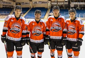 The Charlottetown Islanders will hold the franchise’s first-ever Orange Jersey Day when the Cape Breton Eagles visit Eastlink Centre for a Quebec Major Junior Hockey League game on Dec. 18 at 7 p.m. The Islanders are wearing the jerseys to honour and recognize residential school survivors, their families and communities. Team members, from left, Brett Budgell, Xavier Simoneau, William Trudeau and Patrick Guay, model the specially-designed jerseys.
