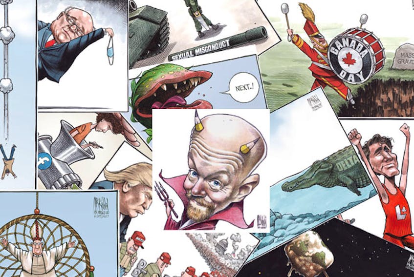 Collage of some of editorial cartoonist Bruce MacKinnon's favourite cartoons he drew in 2021.