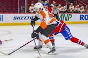 Philadelphia Flyers' Jackson Cates shoots the puck past Montreal Canadiens' goalie Cayden Primeay for his first goal of the season during second period at the Bell Centre on Thursday, Dec. 16, 2021.