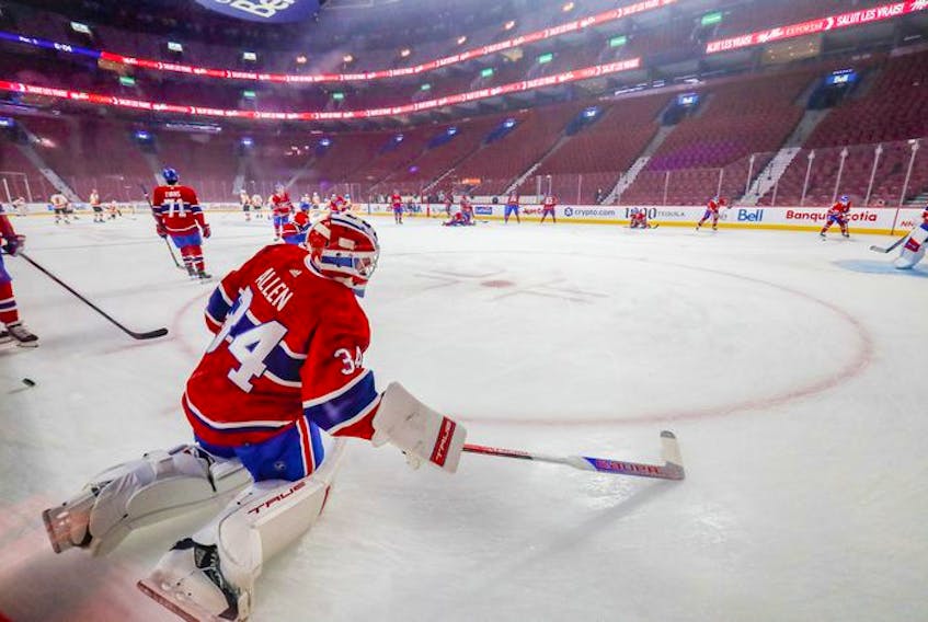 Montreal Canadiens goalie Jake Allen during warmup in the empty Bell Centre prior to their game against the Philadelphia Flyers in Montreal on Thursday, Dec. 16, 2021.
