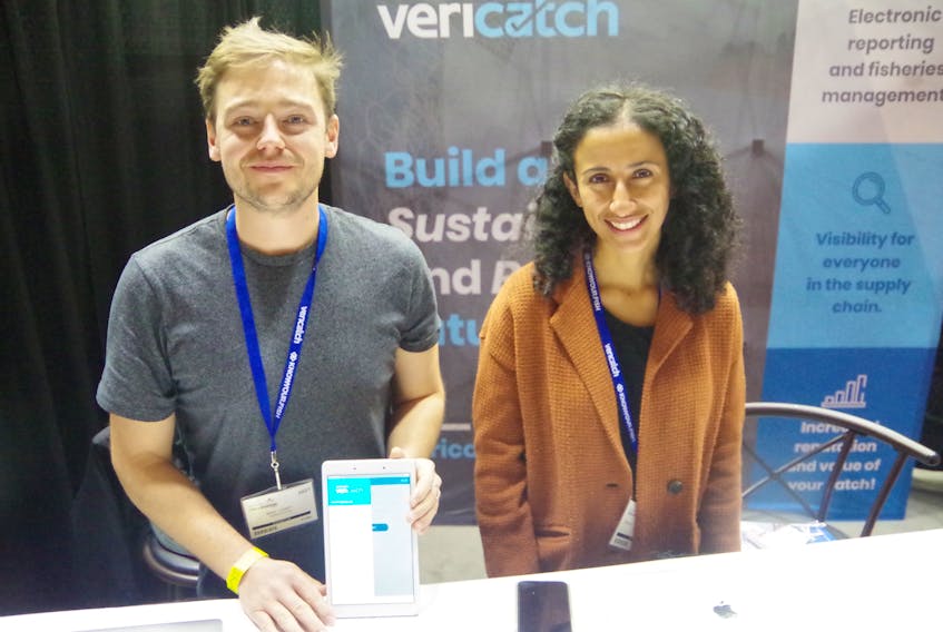 Max Vanry (left) is manager of business development with Vericatch and Dalal Al-Abdulrazzak is the company’s vice president of business development and chief science officer. Both were in St. John’s Nov. 19-20 for the Boat and Marine Trade Show.