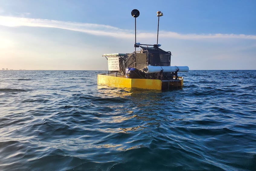 Oneka Technologies P-Class desalination buoy at work at a demonstration site in Florida. Contributed