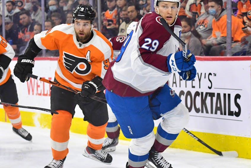 Philadelphia Flyers defenceman Ivan Provorov chases after Colorado Avalanche centre Nathan MacKinnon during an NHL game earlier this month in Philadelphia. - ERIC HARTLINE/ USA TODAY SPORTS
