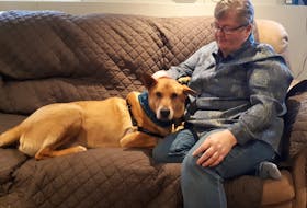 Karen McMullin snuggles the family dog Duke, who was recently lost for 10 days in the woods — during a snow and rain storm. CONTRIBUTED 