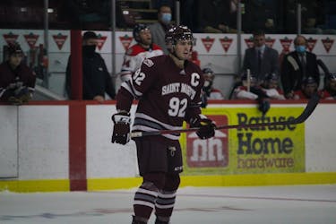 Saint Mary's Huskies captain Mitchell Balmas of Sydney is third in the Atlantic University Sport men's scoring race with 12 goals and 25 points in 18 games at the Christmas break. JASON MALLOY/SALTWIRE NETWORK.