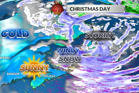 Flurries and snow bands will impact Newfoundland and Labrador, and parts of the eastern Maritimes Christmas Day. - WSI