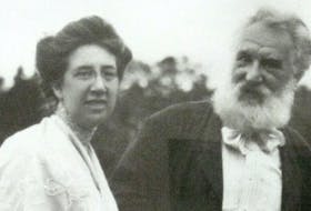 Mabel Hubbard Bell, left, with her husband Alexander Graham Bell, right, in Brantford, Ont. c. 1915. CONTRIBUTED