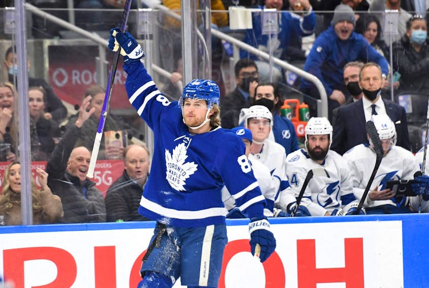 Maple Leafs’ William Nylander, here celebrating a goal against the Lightning, is the 13th Toronto player to be put on the COVID list. 