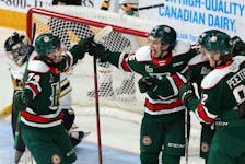 Dec. 11, 2021--The Mooseheads' Alexander Tessier jubilates with his teammates after Halifax scored their third goal, early in the second period of play against the visiting Victoriaville Tigres Saturday at the Scotiabank Centre.
ERIC WYNNE/Chronicle Herald