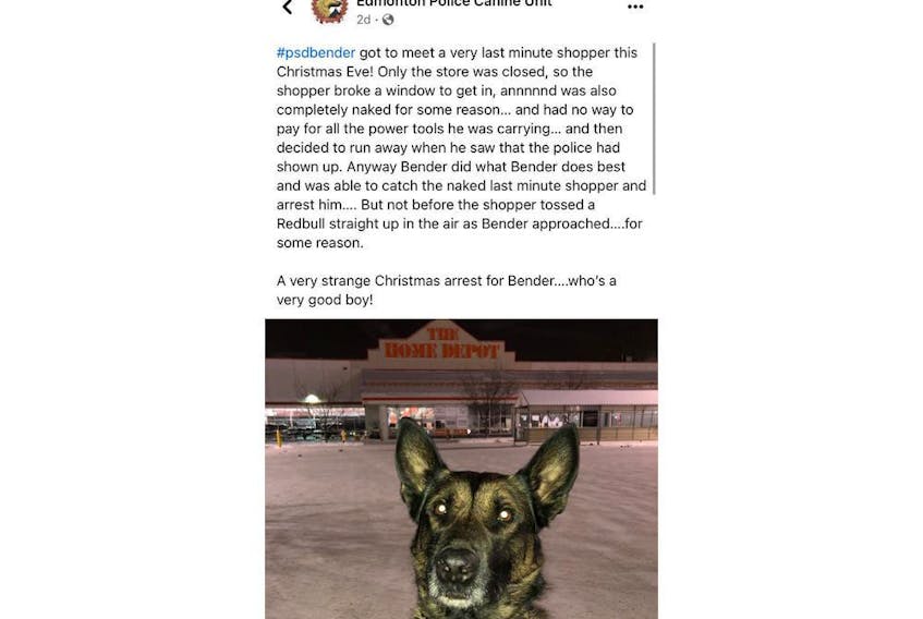 A December 2021 post from the Edmonton Police Canine Unit regarding the Christmas Eve arrest of a naked man inside a Home Depot. Screenshot by Batul Gulamhusein.