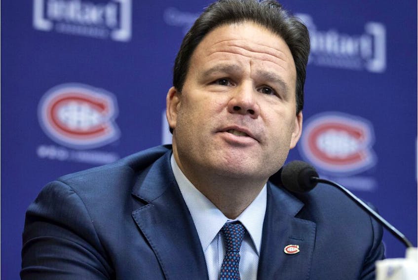 The Montreal Canadiens' new vice-president of hockey operations, Jeff Gorton, speaks to the media in Brossard on Dec. 3, 2021. 