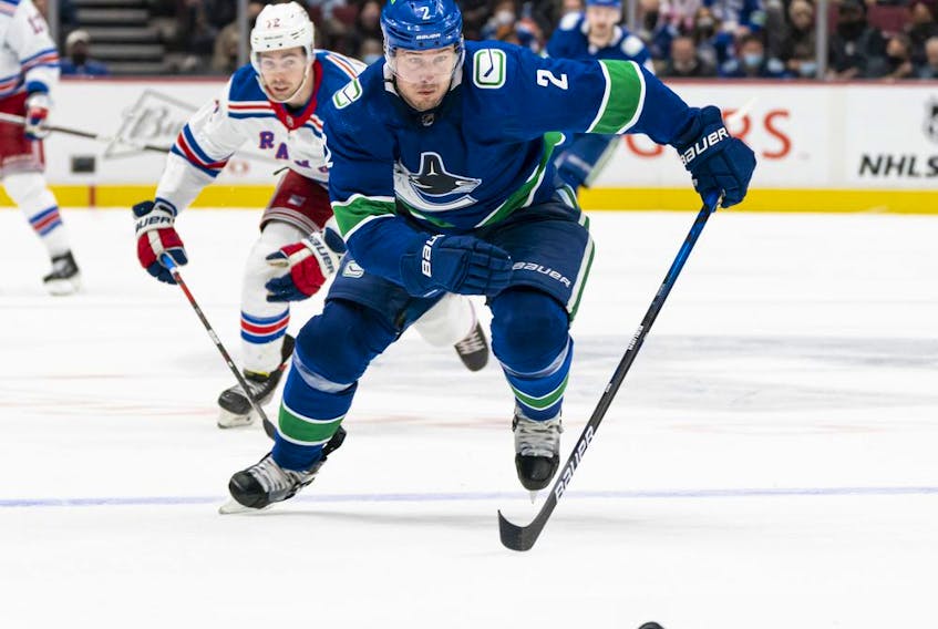 Veteran Luke Schenn (above), who has forged a 14-season career in the NHL as a defensive defenceman, is back in a pairing with offensive dynamo Quinn Hughes.