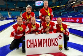 Since Jeff Thomas (back row, right) will join Jules Owchar (back row, left) as a coaching tandem for Brad Gushue's rink in the Olympics, the Gushue rink will have to decide on an alternate player for the Winter Games in Beijing. Thomas had been slotted into that role at the Olympic Trials. — Curling Canada photo