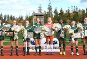 Prior to the Cape Breton Capers women’s soccer team’s final regular season home game in October, the senior players were recognized for their contribution to the program. From left, Tessa Dowie, Amy Lynch, Erin Freeman, Amelia Carlini, Haley Kardas, Fatou Ndiaye, Rebecca Lambke, and Madison Lavers. PHOTO CONTRIBUTED/VAUGHAN MERCHANT, CBU ATHLETICS.