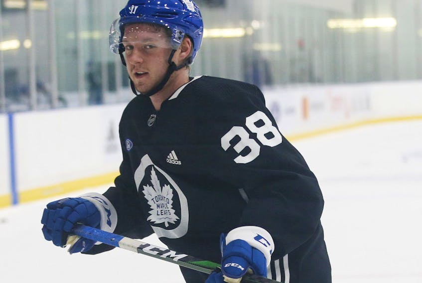 Toronto Maple Leafs' Rasmus Sandin was back at practice on Thursday for the first time since Dec. 5. 