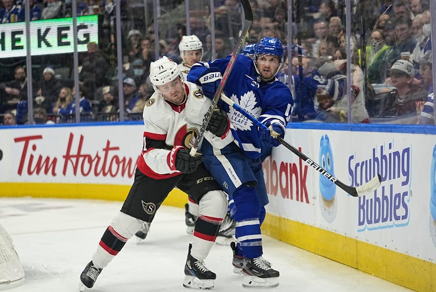 Chris Tierney and Alexander Kerfoot should be battling it out again at Scotiabank Arena on Saturday night as the Senators and Maple Leafs end long layoffs, though with a lot fewer fans behind them. 