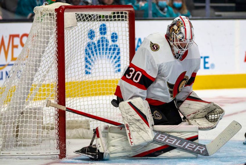 Senators netminder Matt Murray allows a goal in the second period of a Nov. 24 game against the Sharks in San Jose. He was placed on NHL waivers days later and is now with Bellevllle of the American Hockey League, where he was expected to play on Saturday night.