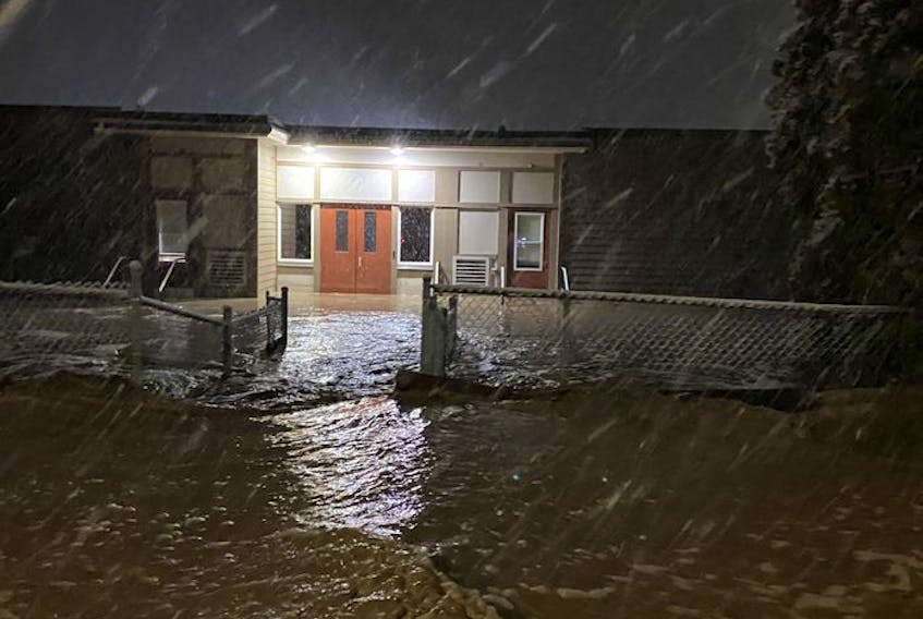  Flood water levels on the evening of Nov. 15, 2021 at the Merritt Central Elementary School.