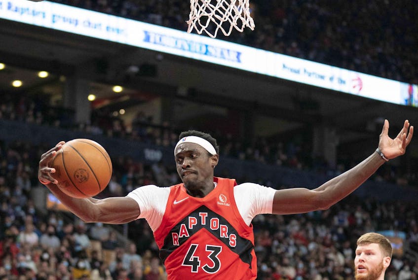 Toronto Raptors forward Pascal Siakam (43) tries to control the ball during the third quarter against the Washington Wizards at Scotiabank Arena.