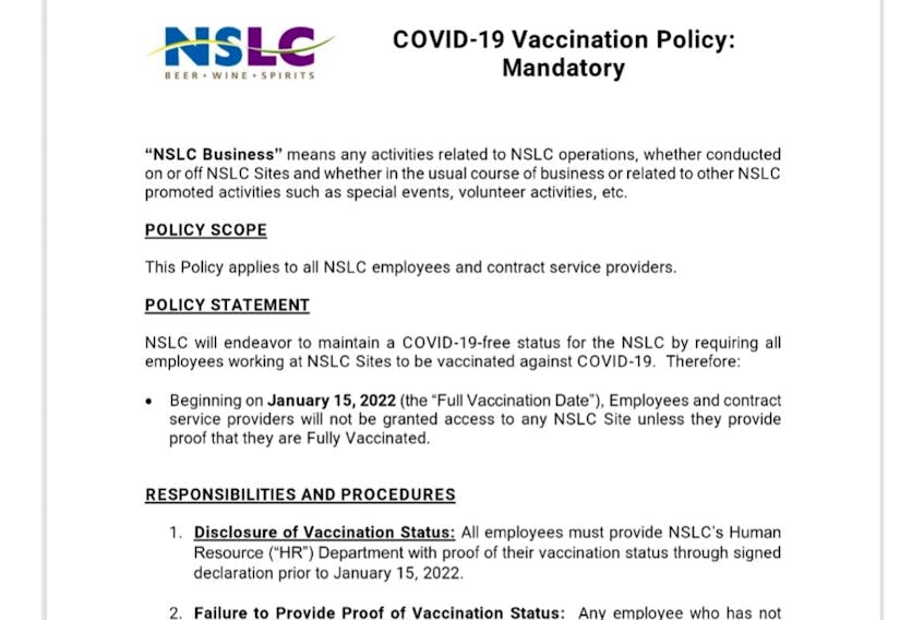 The NSLC vaccination policy that requires employees and contract workers to be fully vaccinated by January 15.