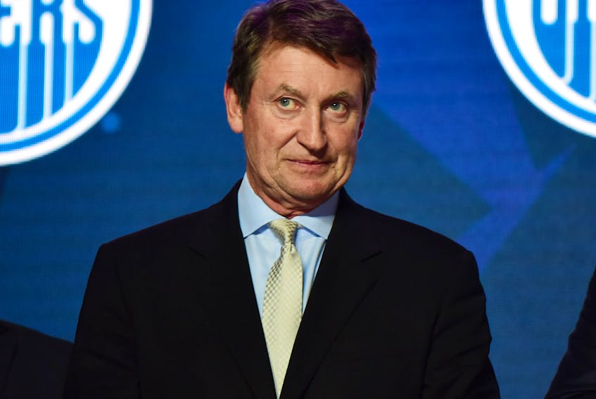 Wayne Gretzky on stage as Philip Broberg is selected as the number eight overall pick to the Edmonton Oilers in the first round of the 2019 NHL Draft at Rogers Arena.