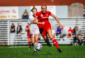 Holly O'Neill (9) was leading scorer and MVP of the AUS women's soccer conference in 2021 while playing for the Memorial Sea-Hawks after helping Holy Cross to a sixth consecutive Jubilee Trophy title. — Memorial Athletics photo/Ally Wragg