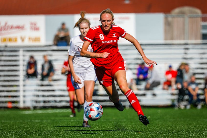 Holly O'Neill (9) was leading scorer and MVP of the AUS women's soccer conference in 2021 while playing for the Memorial Sea-Hawks after helping Holy Cross to a sixth consecutive Jubilee Trophy title. — Memorial Athletics photo/Ally Wragg