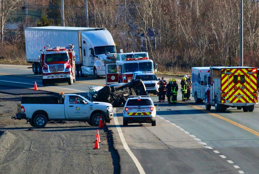 The Exit 7: Falmouth overpass provided a bird’s eye view of the accident scene near the Windsor causeway Dec. 7.
