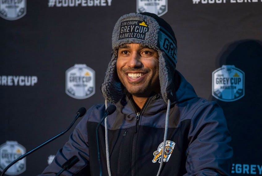 Hamilton Tiger-Cats head coach Orlondo Steinauer takes questions from the media at the Canadian Warplane Heritage Museum during the CFL's Grey Cup week in Hamilton, Tuesday, December 7, 2021. The Hamilton Tiger-Cats will play the Winnipeg Blue Bombers in the 108th Grey Cup on Sunday. 