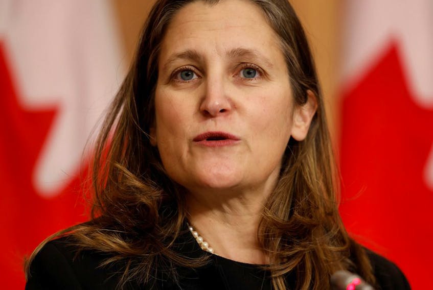 Canada's Deputy Prime Minister and Minister of Finance Chrystia Freeland speaks at a news conference in Ottawa, Nov. 24, 2021. 