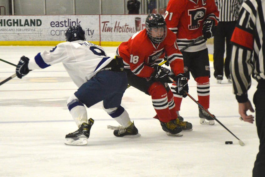 Glace Bay Panthers captain Adam Hicks, centre, is shown working his way around a defender. Hicks put in a strong performance against the Sydney Academy Wildcats in Cape Breton High School Hockey League action on Tuesday night. JEREMY FRASER/CAPE BRETON POST FILES