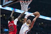 Oklahoma City Thunder forward Darius Bazley drive to the basket as Toronto Raptors forward Chris Boucher tries to defend during the first quarter at Scotiabank Arena. 