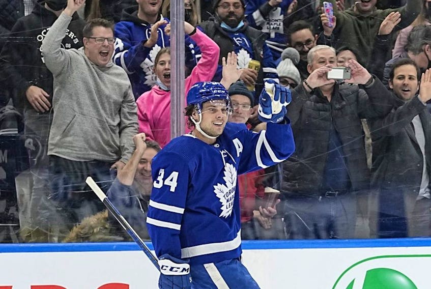 Toronto Maple Leafs forward Auston Matthews celebrates one of his two goals against the Columbus Blue Jackets at Scotiabank Arena on Dec. 7, 2021.
