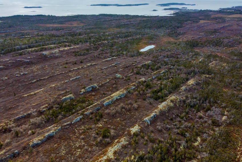 An aerial photo of some of the interesting formations of stone that extend throughout the area near Owls Head provincial park and Little Harbour, N.S., Wednesday March 31, 2021.