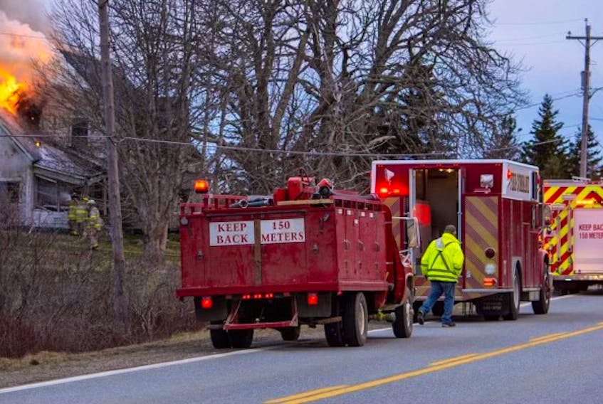 Firefighters from several departments on the scene of an April 12 fire in Wellington, Yarmouth County. James Vaughan Photo