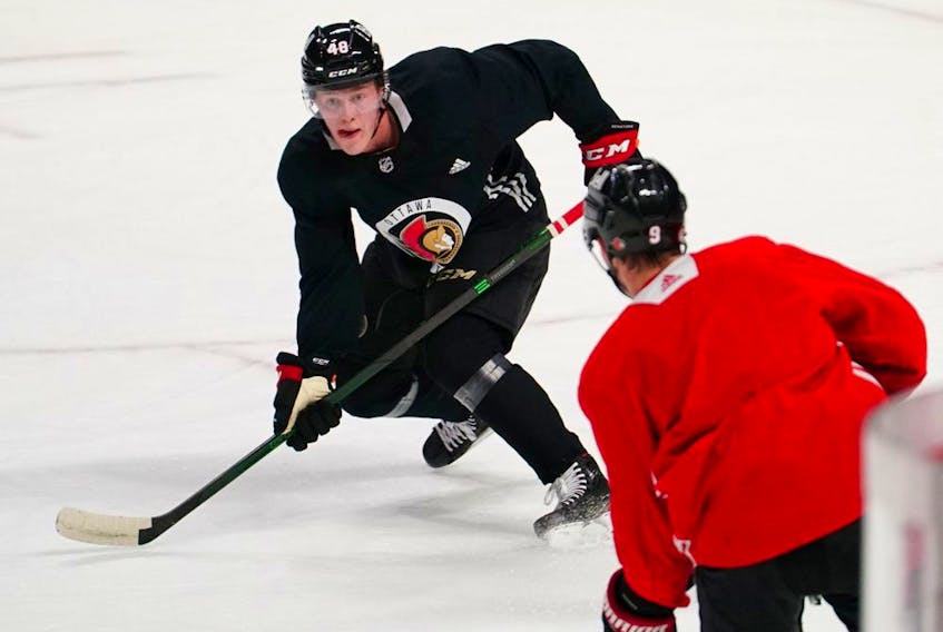 Jacob Bernard-Docker skates during his first full practice with his new Ottawa Senators teammates. 