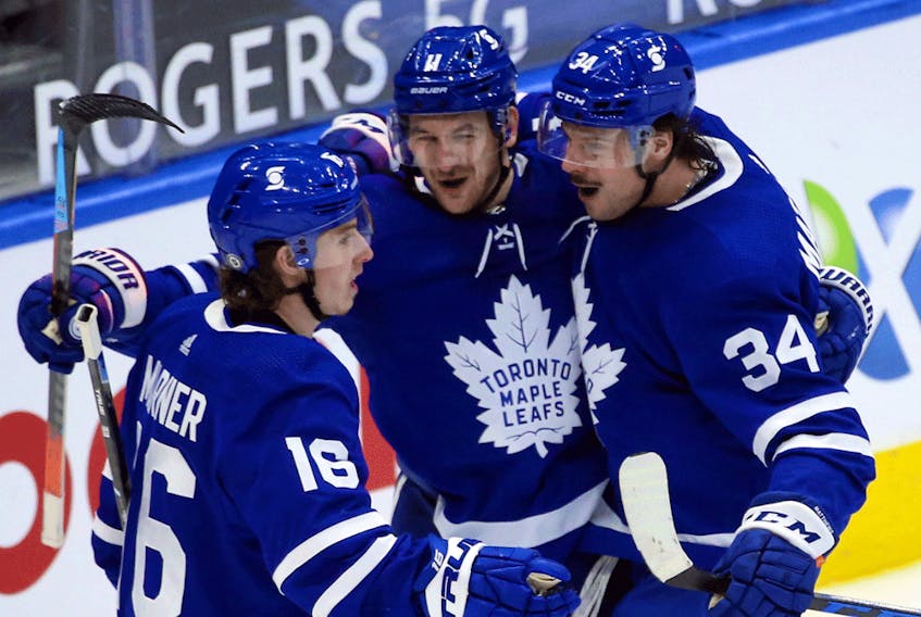 Auston Matthews, right, and Mitch Marner, left, are the kind of combination punch — two extreme offensive talents in peak form and at the meaty part of their careers — that the Leafs haven't seen in many decades.